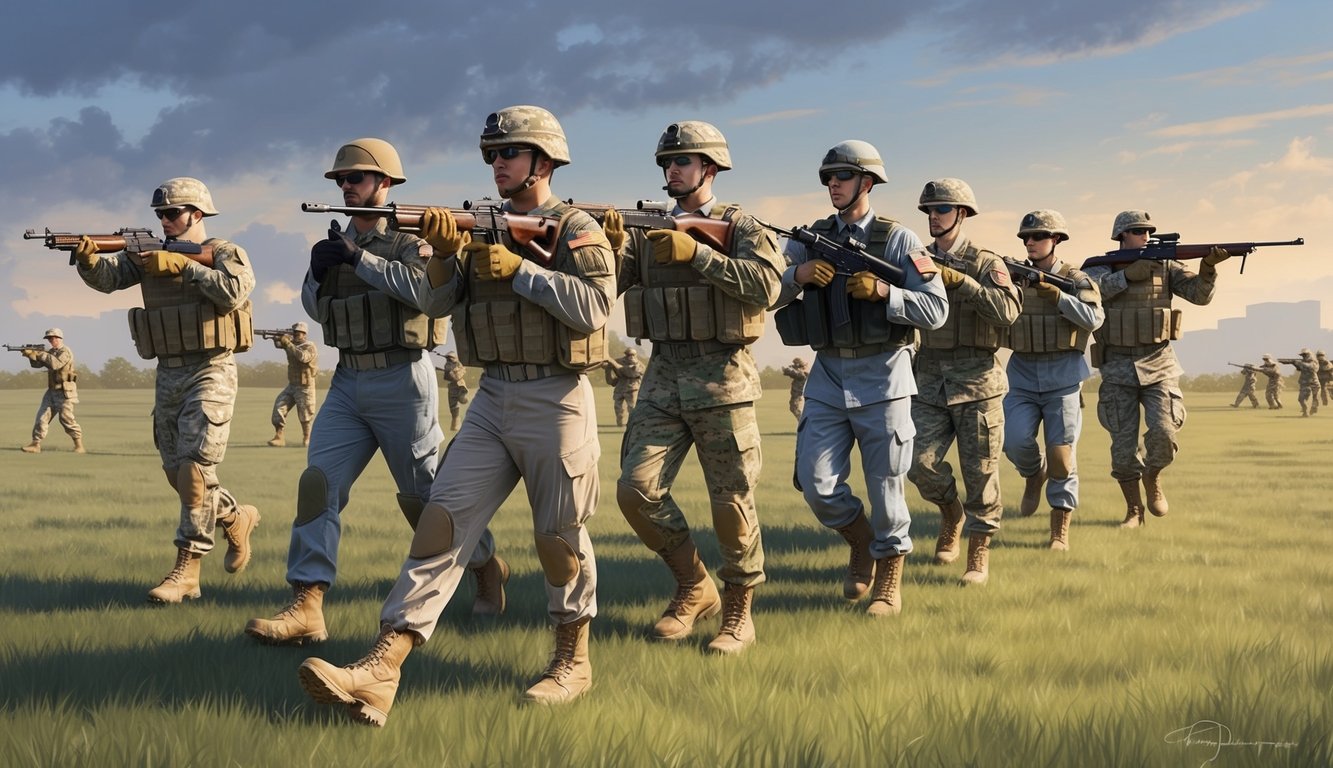 A group of National Guard soldiers in various ranks training together in a field, performing duties such as marching, shooting, and conducting tactical exercises