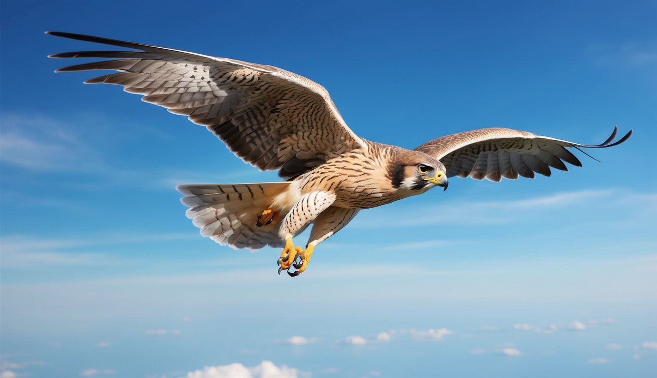 A majestic falcon soaring through a clear blue sky, its vibrant feathers glistening in the sunlight