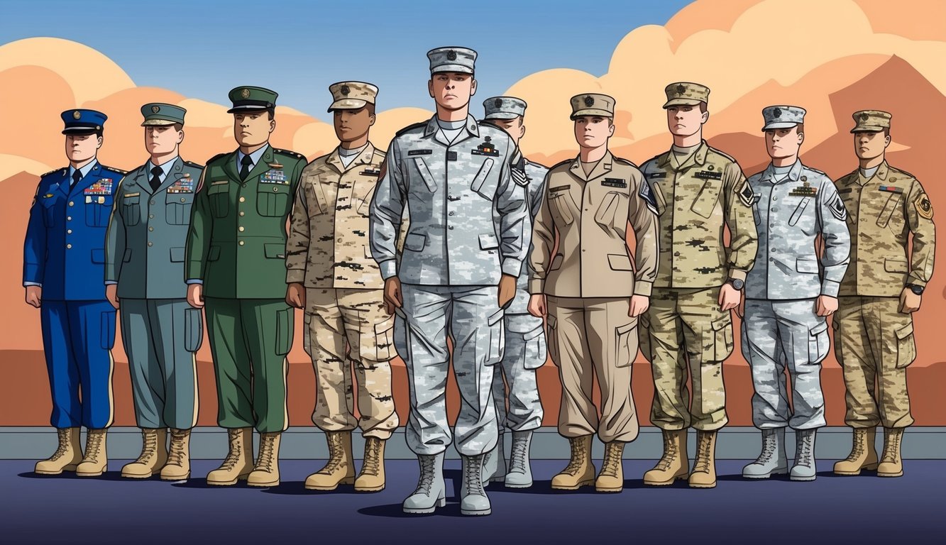 A group of national guard soldiers stand in formation, each representing a different branch and specialty command