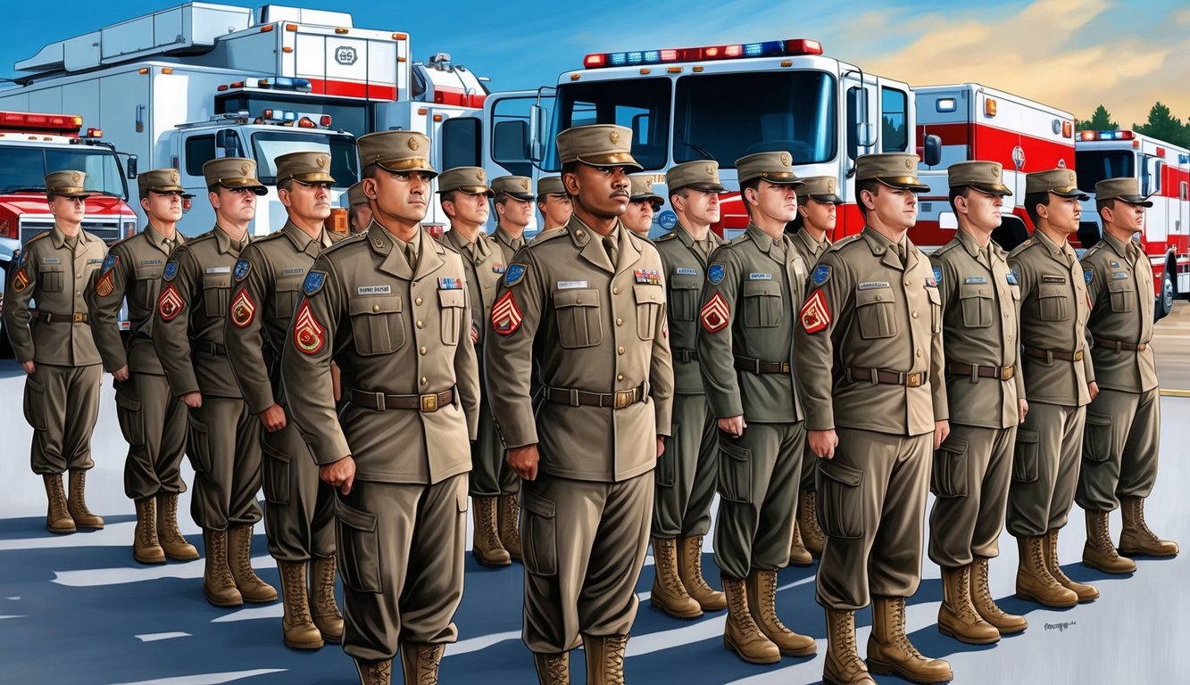 A group of national guard members in uniform standing in formation, with a backdrop of emergency response vehicles and equipment