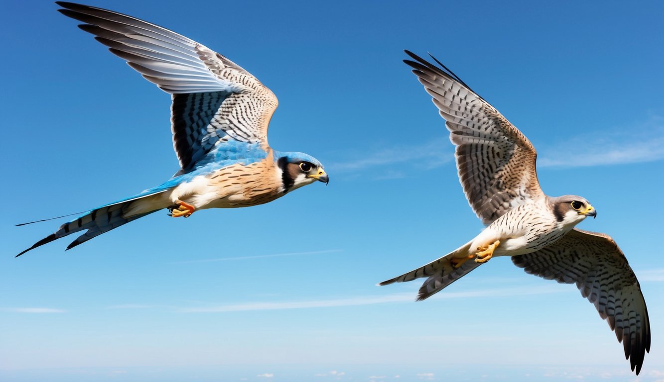 Two falcons soaring across a clear blue sky, one with vibrant blue feathers and the other with a sleek silver hue