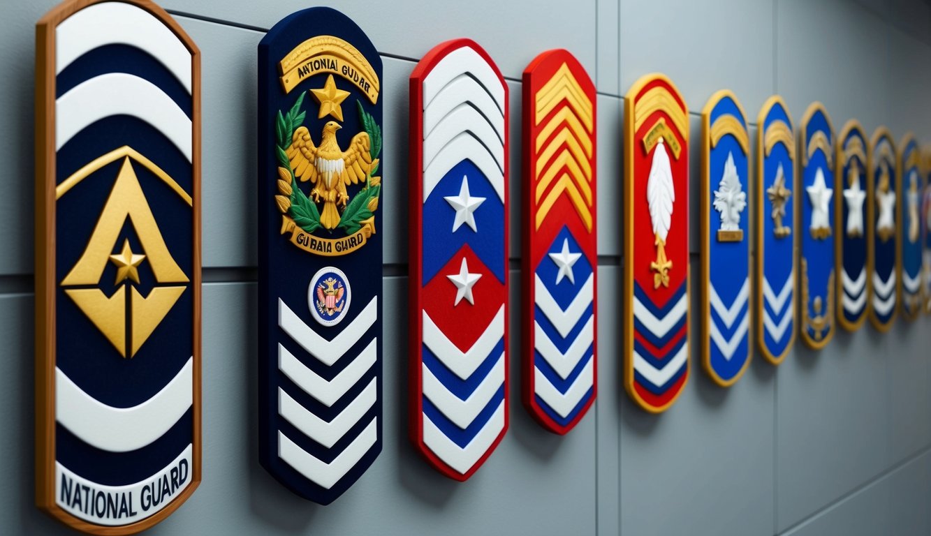 A row of military insignias representing various National Guard ranks displayed on a wall or board