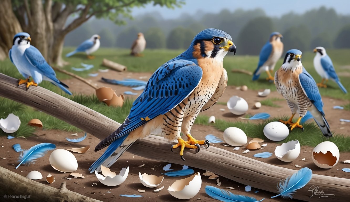 A blue falcon perched on a branch, surrounded by scattered feathers and broken eggshells, as other birds watch from a distance