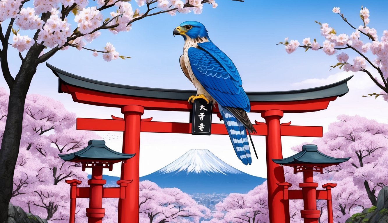 A blue falcon perched atop a traditional Japanese torii gate, surrounded by cherry blossom trees and a distant view of Mount Fuji