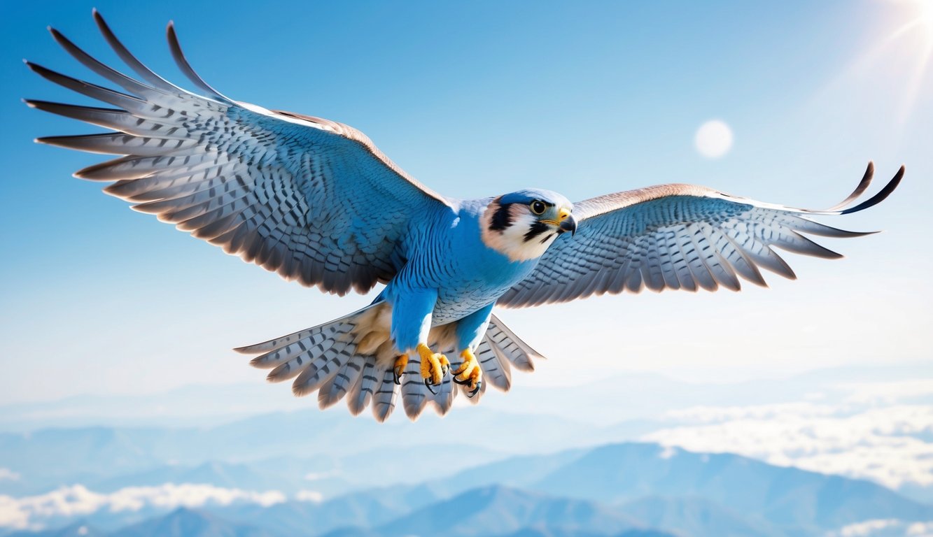 A majestic blue falcon soaring through the clear sky, its wings outstretched and feathers glistening in the sunlight