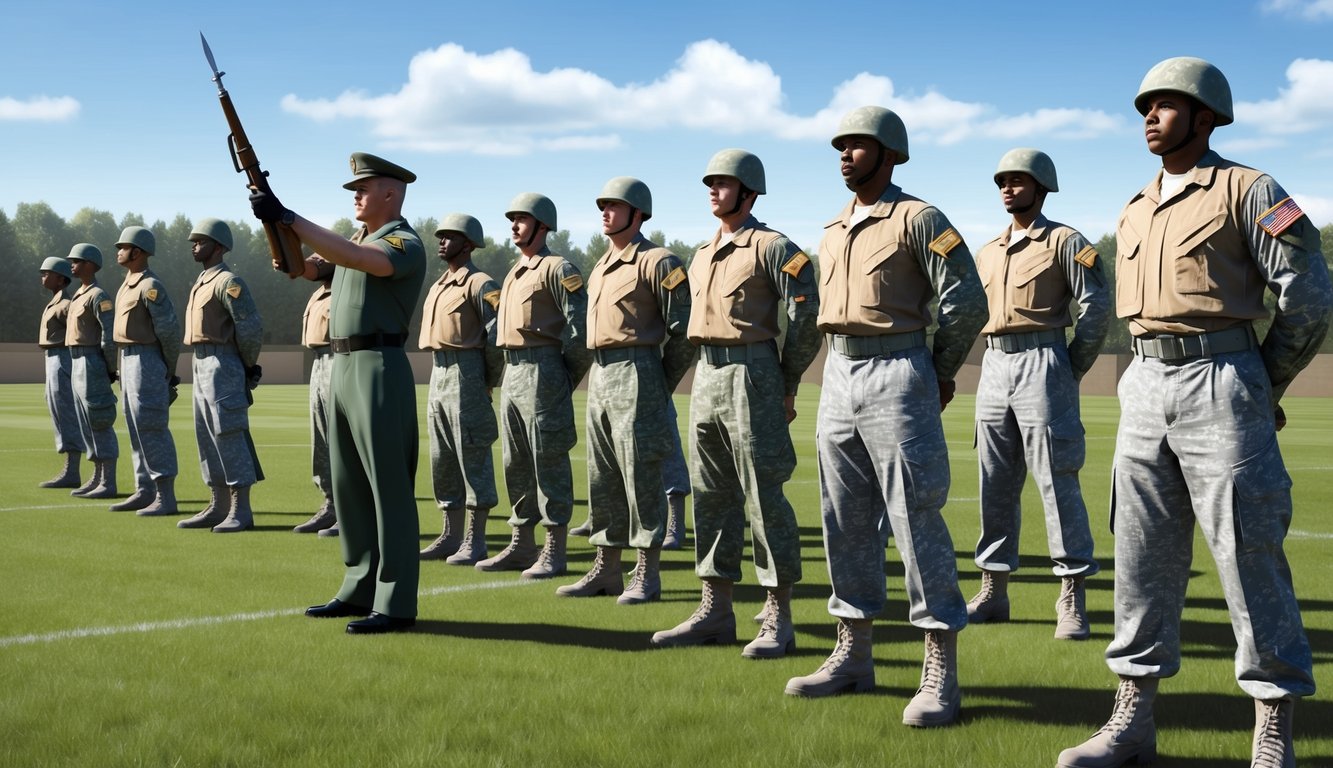 Soldiers standing in formation, with a drill instructor leading them through exercises on a training field