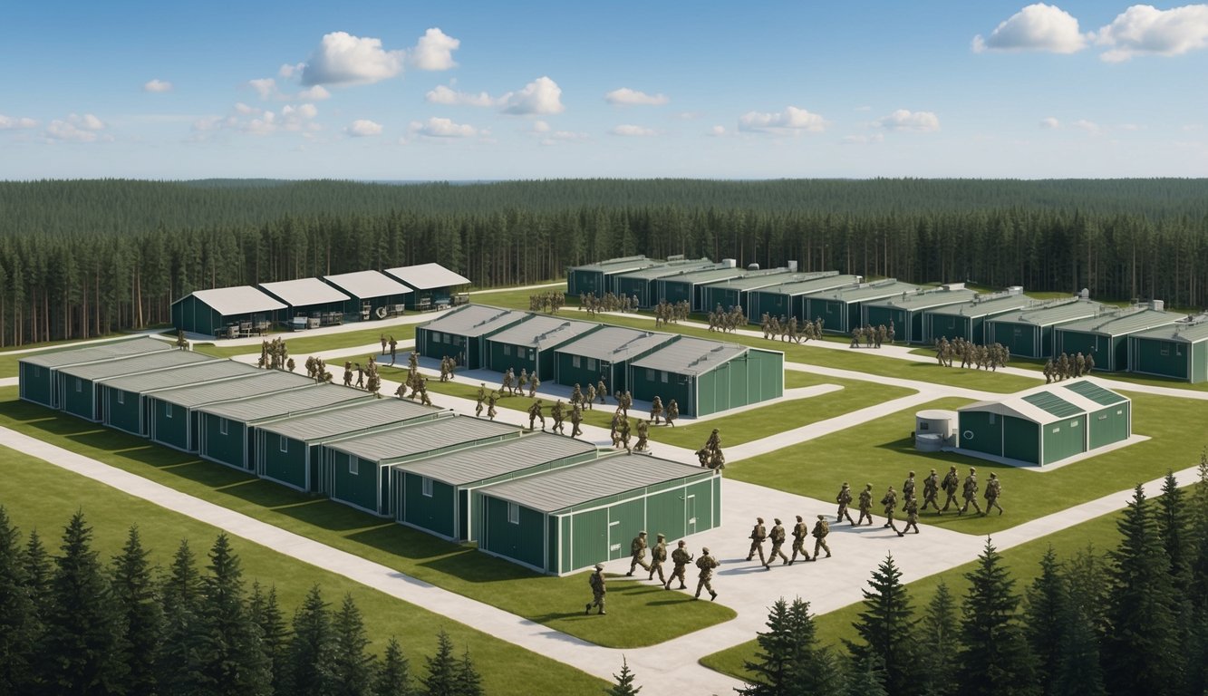 A group of barracks and training facilities with soldiers in formation, surrounded by a forest and a clear sky