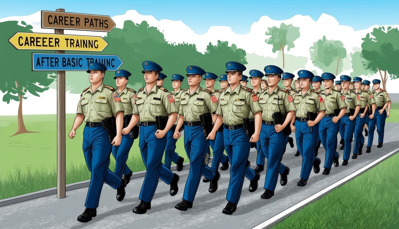 Soldiers in uniform march in formation, flanked by instructors. A signpost indicates various career paths available after basic training