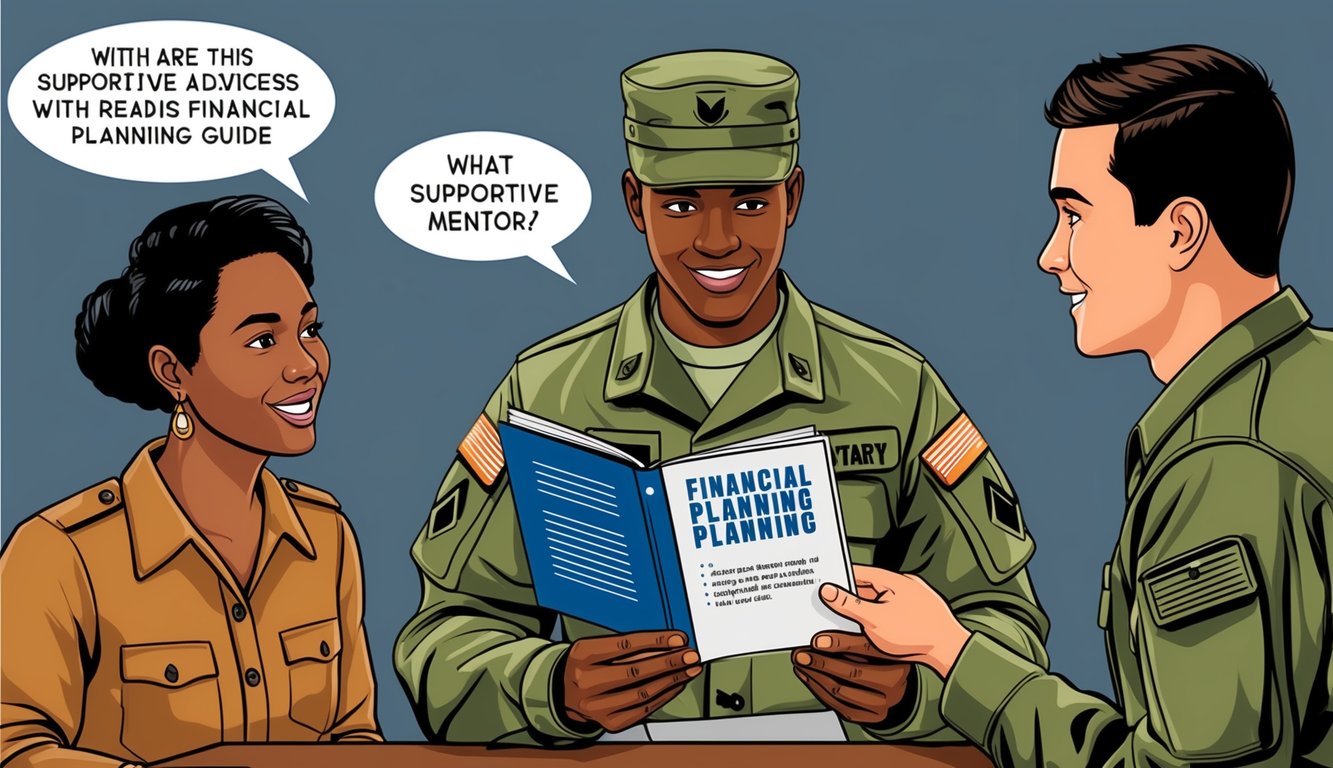 A military uniformed soldier reading a financial planning guide with a supportive mentor offering advice