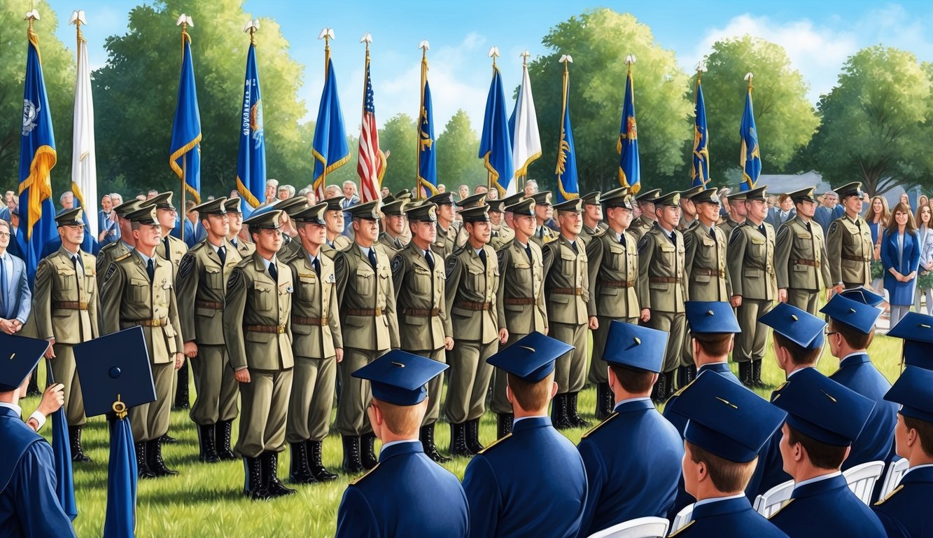 Soldiers in uniform gather in formation at an outdoor graduation ceremony.</p><p>Flags and banners mark the event, with families and friends watching proudly