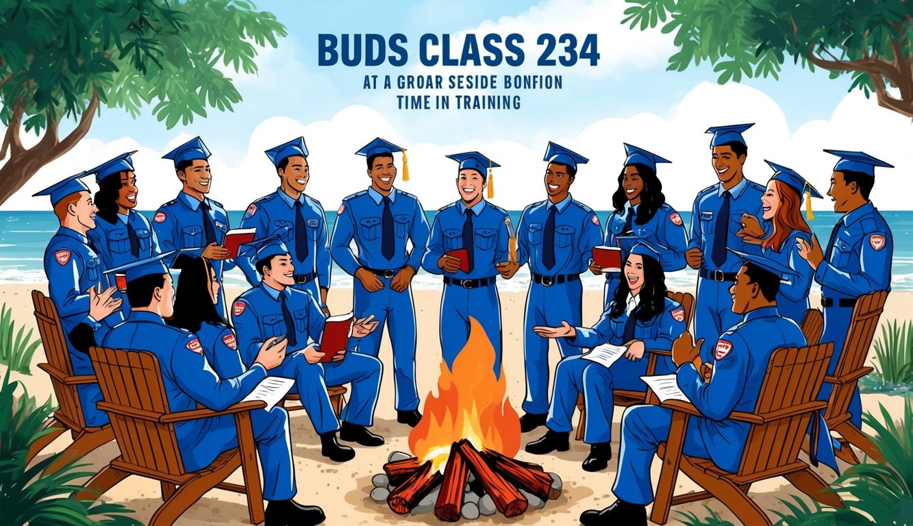 A group of graduates from buds class 234 gathered for a reunion at a beachside bonfire, sharing stories and reminiscing about their time in training