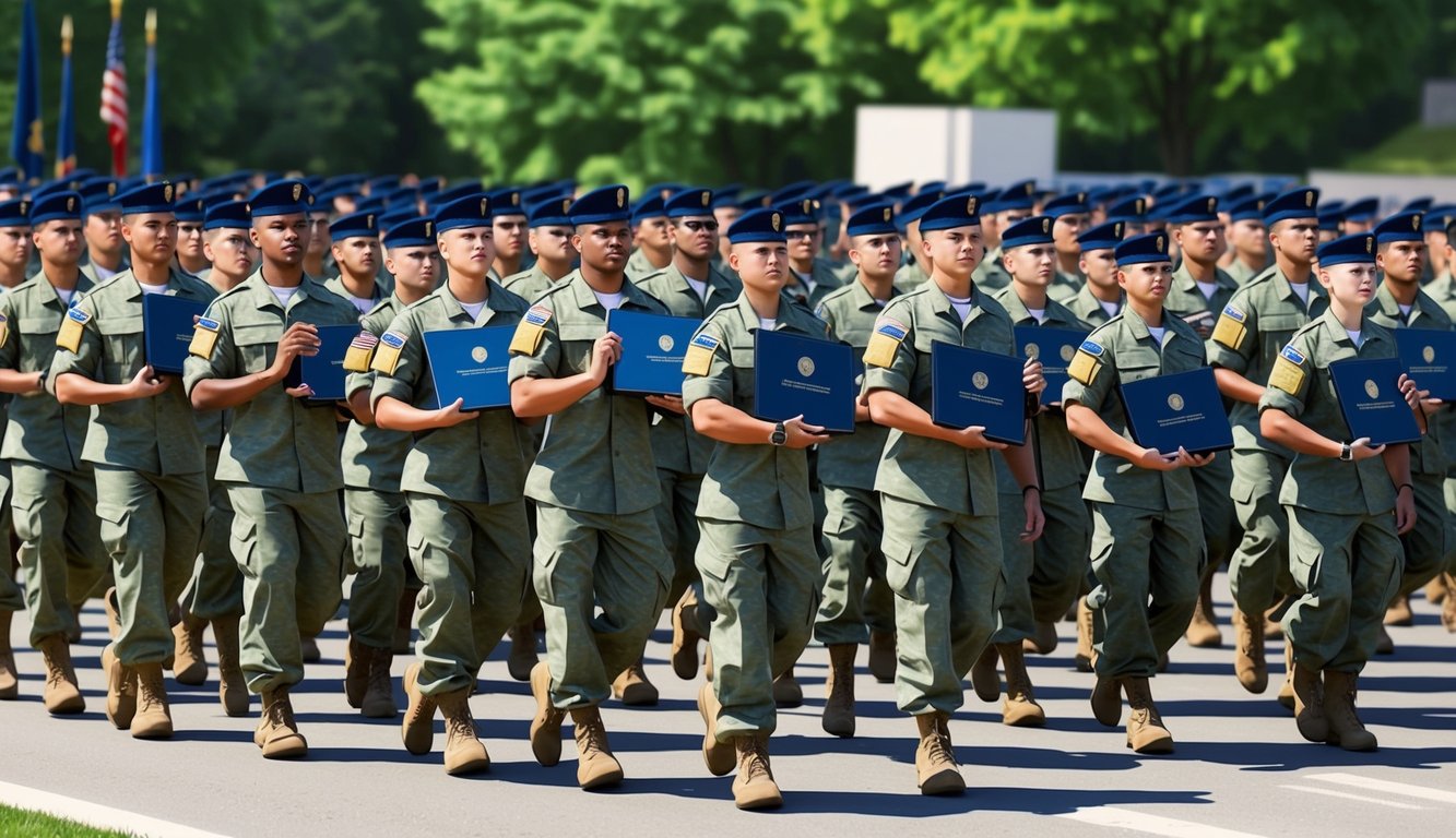 Soldiers in uniform march in formation, proudly displaying their accomplishments at the Army basic training graduation ceremony in 2024