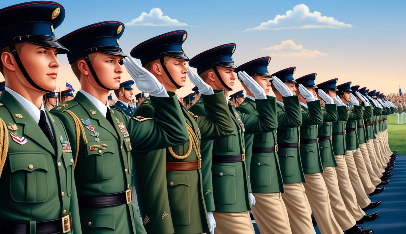 Soldiers marching in formation, saluting officers at a graduation ceremony