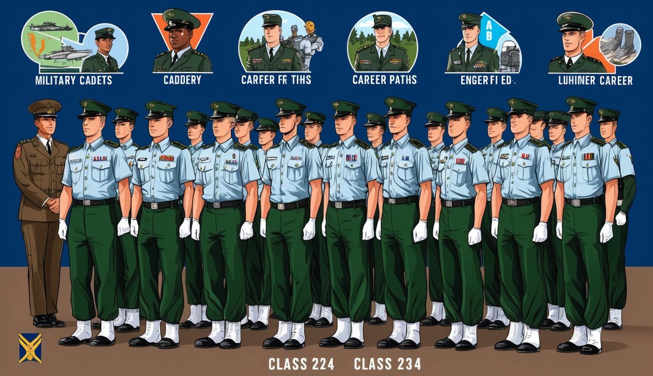 A group of military cadets from class 234 standing in formation, with various career paths depicted around them