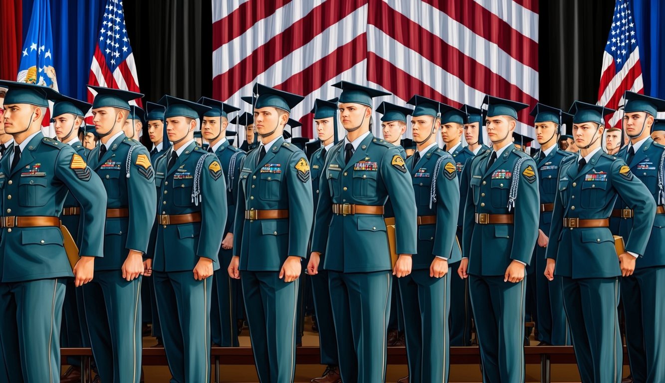 A group of soldiers in uniform stand in formation at a graduation ceremony, with a stage and American flags in the background