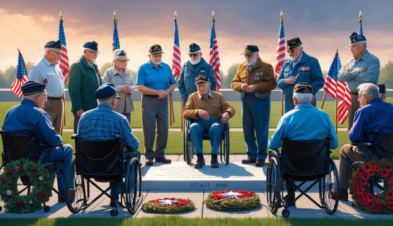 A group of elderly veterans gather at a memorial, surrounded by flags and wreaths, reflecting on their service and the impact of war