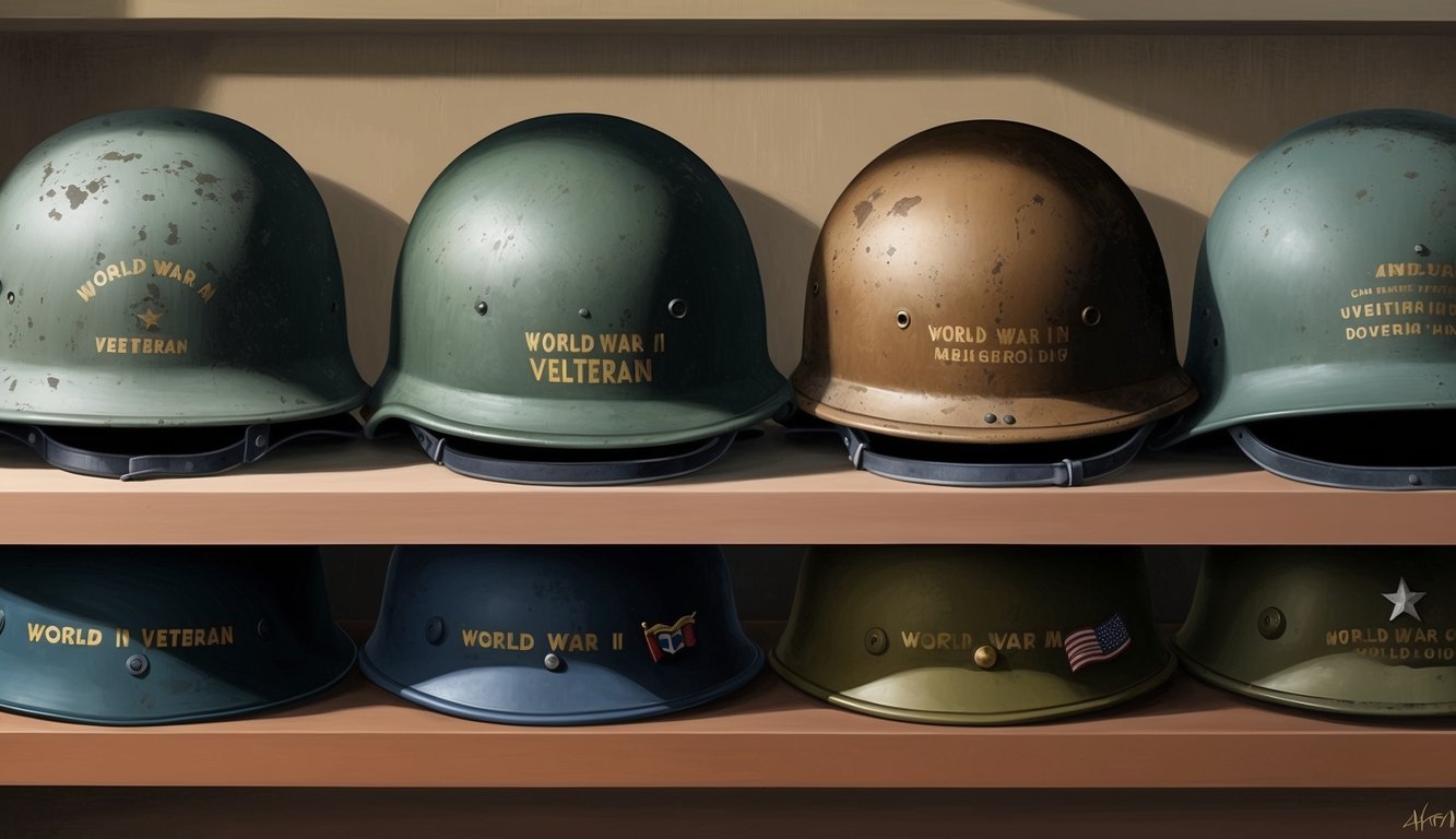 A row of weathered military helmets on a shelf, each representing a World War II veteran's memory and legacy