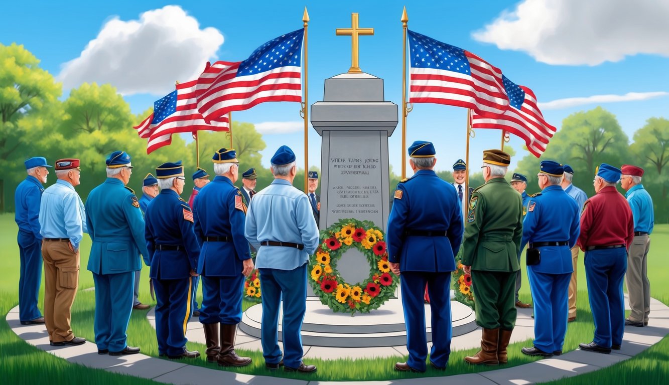 A group of veterans gather around a memorial, with flags and wreaths, as a symbol of their support and remembrance