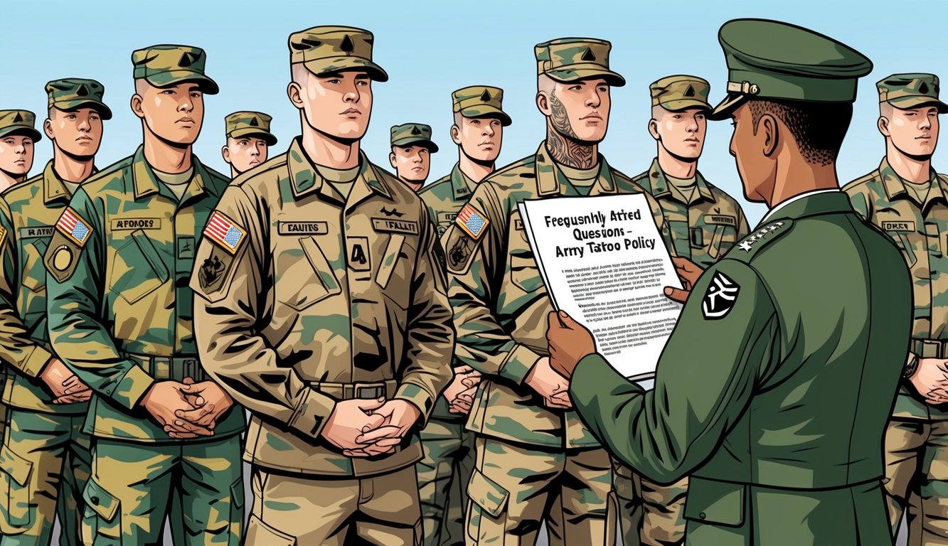 A group of soldiers standing in formation, some with visible tattoos, while a superior officer reviews a document labeled "Frequently Asked Questions - Army Tattoo Policy."