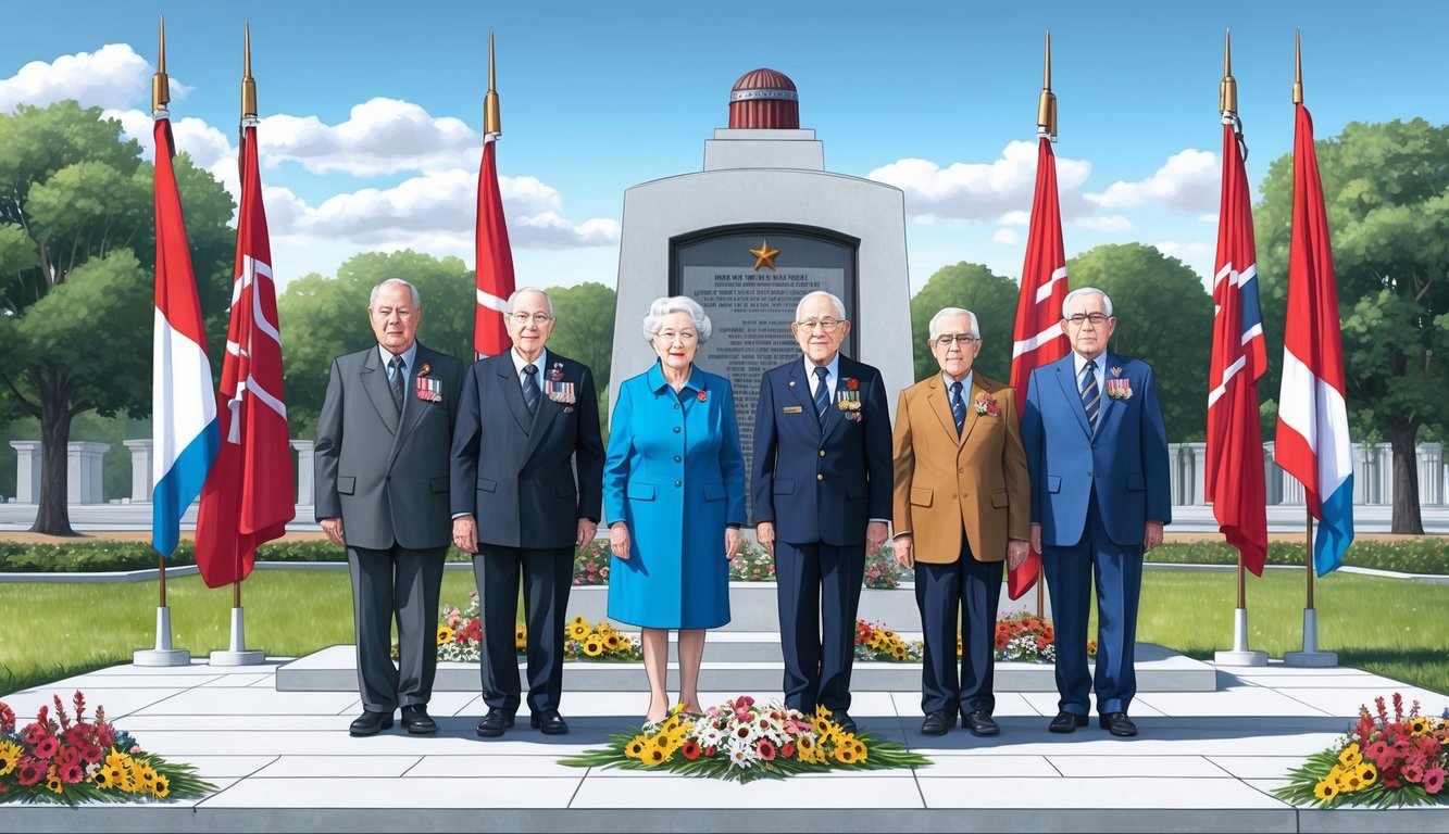 A group of elderly individuals standing in front of a war memorial, surrounded by flags and flowers