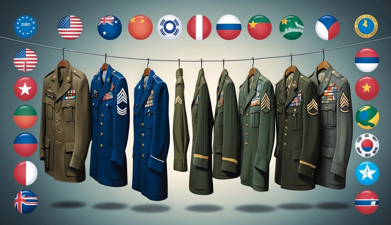 A group of old military uniforms hanging on a clothesline, surrounded by symbols of different countries, representing the global context of World War II veterans