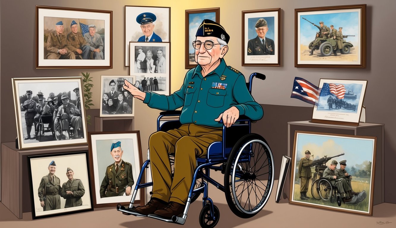 An elderly veteran sitting in a wheelchair, surrounded by photos and memorabilia from World War II