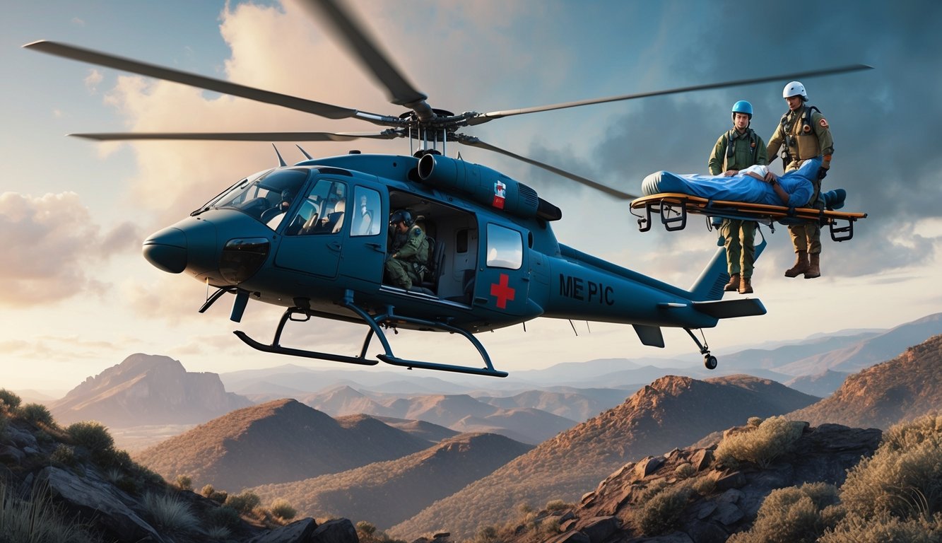 A helicopter hovering over a rugged terrain, with a medic and a patient being hoisted up on a stretcher