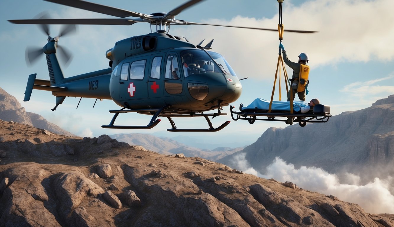 A helicopter hovering over a rugged terrain, with a medic and a patient being hoisted up on a stretcher