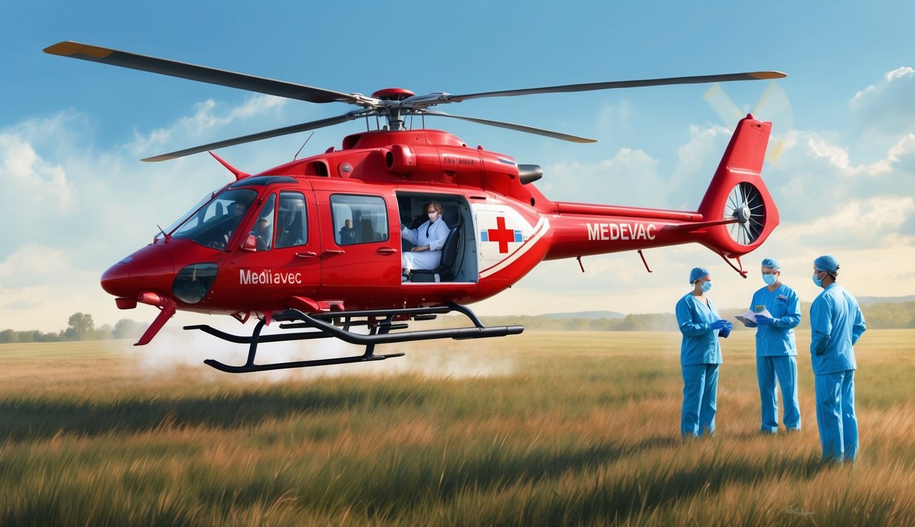 A medevac helicopter landing in an open field with medical personnel waiting to receive the patient