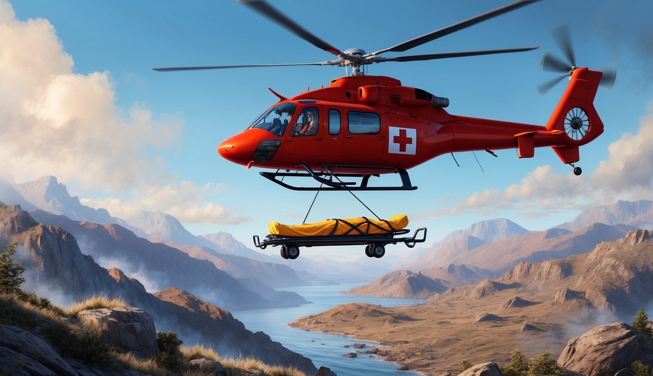 A helicopter hovers over a rugged landscape, lowering a stretcher on a cable for a medevac