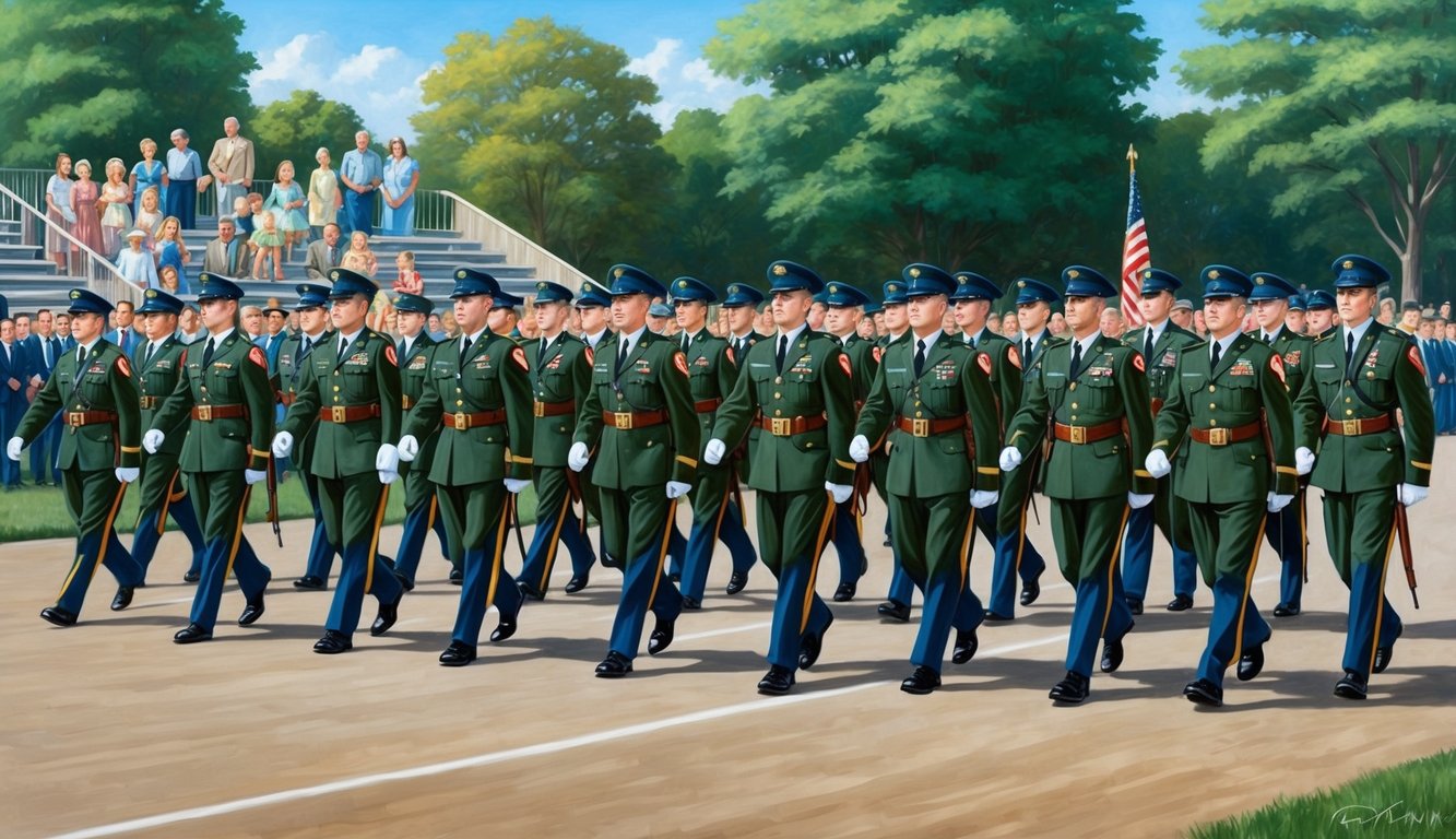 A line of soldiers in uniform marching across a parade ground, with families and friends watching from the stands