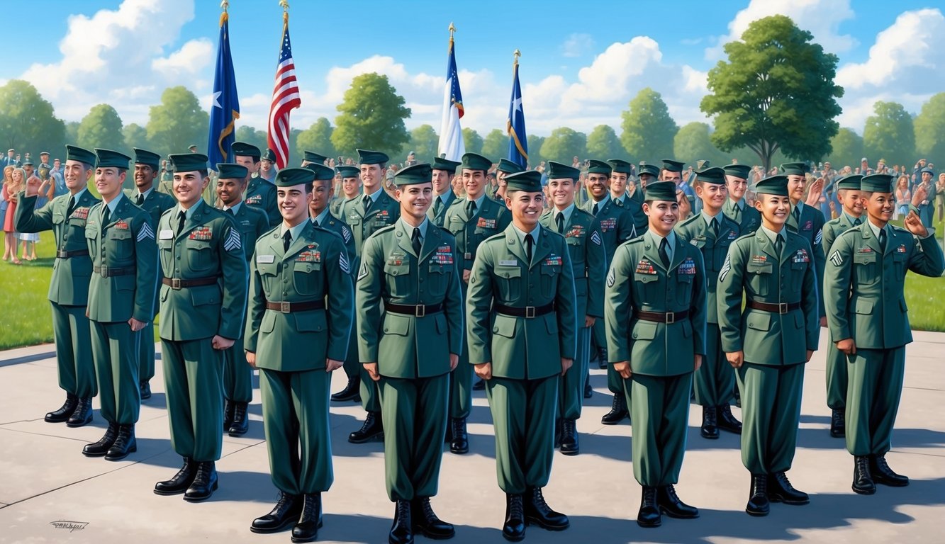 A group of military recruits stand in formation on a parade ground, surrounded by family and friends, as they celebrate their graduation from basic training