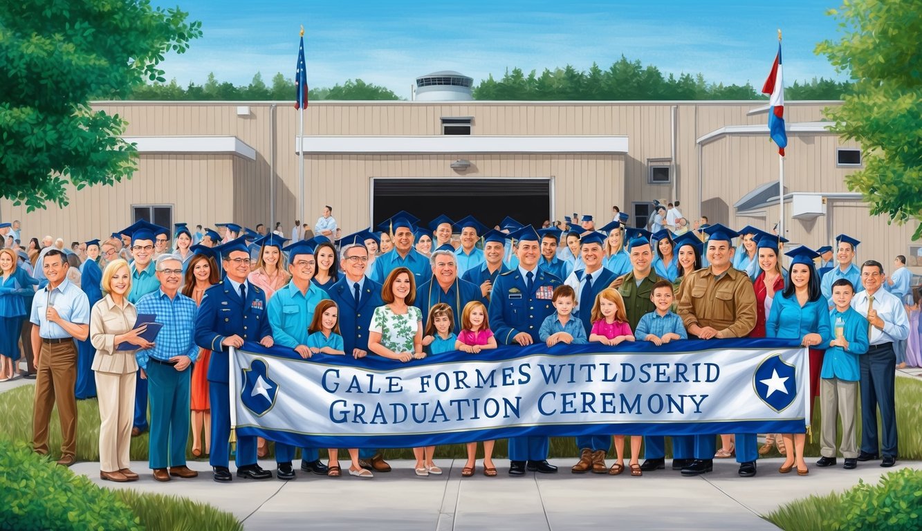 A group of families gathered outside a military base, holding banners and flags, as they eagerly await the graduation ceremony