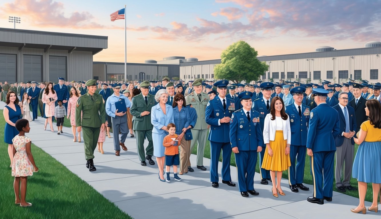 A group of families and friends gather outside a military base, eagerly awaiting the commencement of the fort leonard wood graduation ceremony in 2024