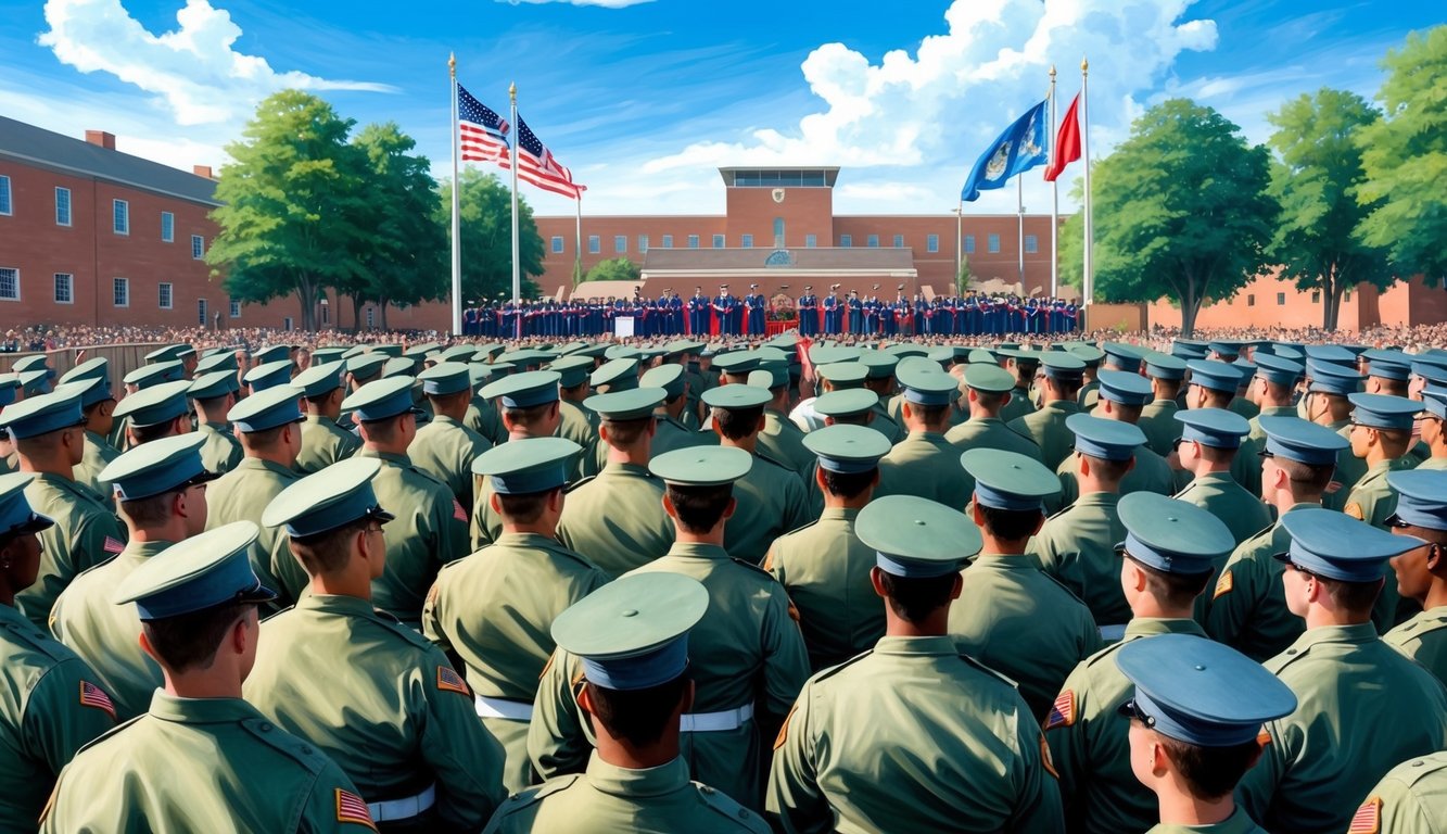 Soldiers in uniform gather at Fort Benning for graduation, with flags flying and families cheering