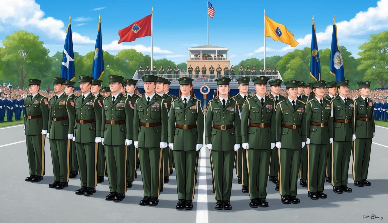 A group of soldiers in uniform stand in formation on a parade ground, with flags flying in the background and families gathered to watch the graduation ceremony at Fort Benning