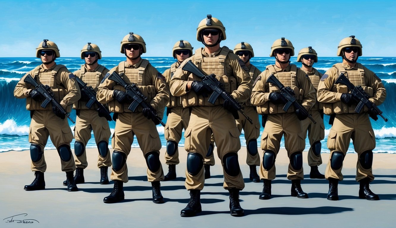 A group of Navy SEALs in full gear standing in formation, with a backdrop of ocean waves and a clear blue sky