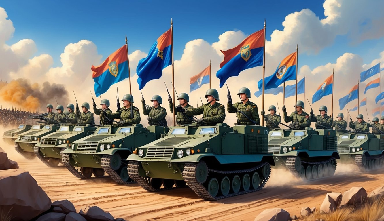 A group of military vehicles and soldiers moving forward in formation, with flags and banners flying high, leading the charge in a dynamic and powerful display of strength and unity