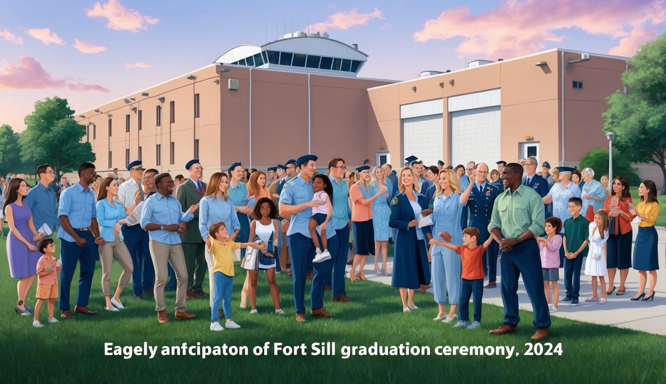 A group of families and friends gather outside a military base, eagerly anticipating the upcoming Fort Sill graduation ceremony in 2024