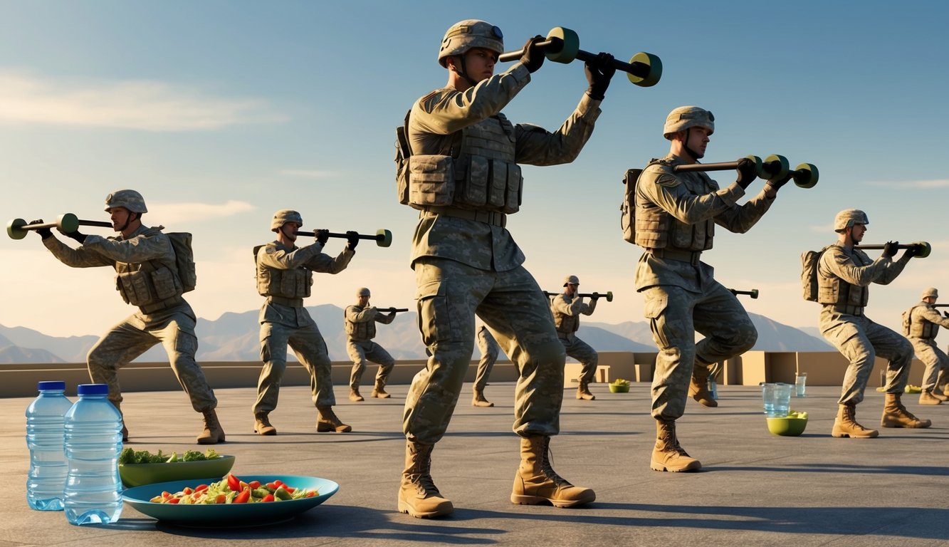 Soldiers performing various physical exercises with healthy food and water displayed nearby