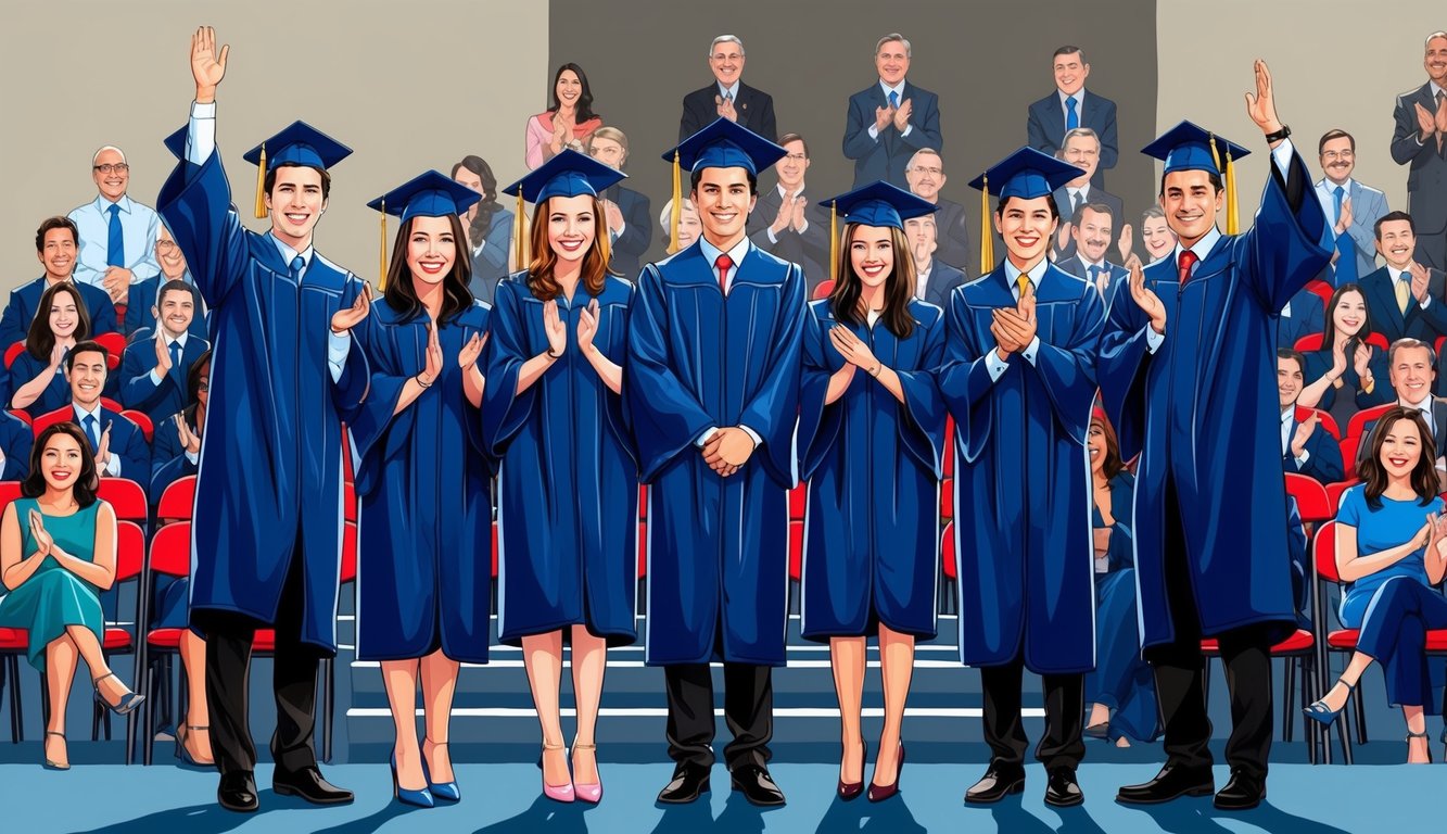 A group of graduates in caps and gowns standing on a stage, with families and friends seated in rows of chairs, cheering and clapping