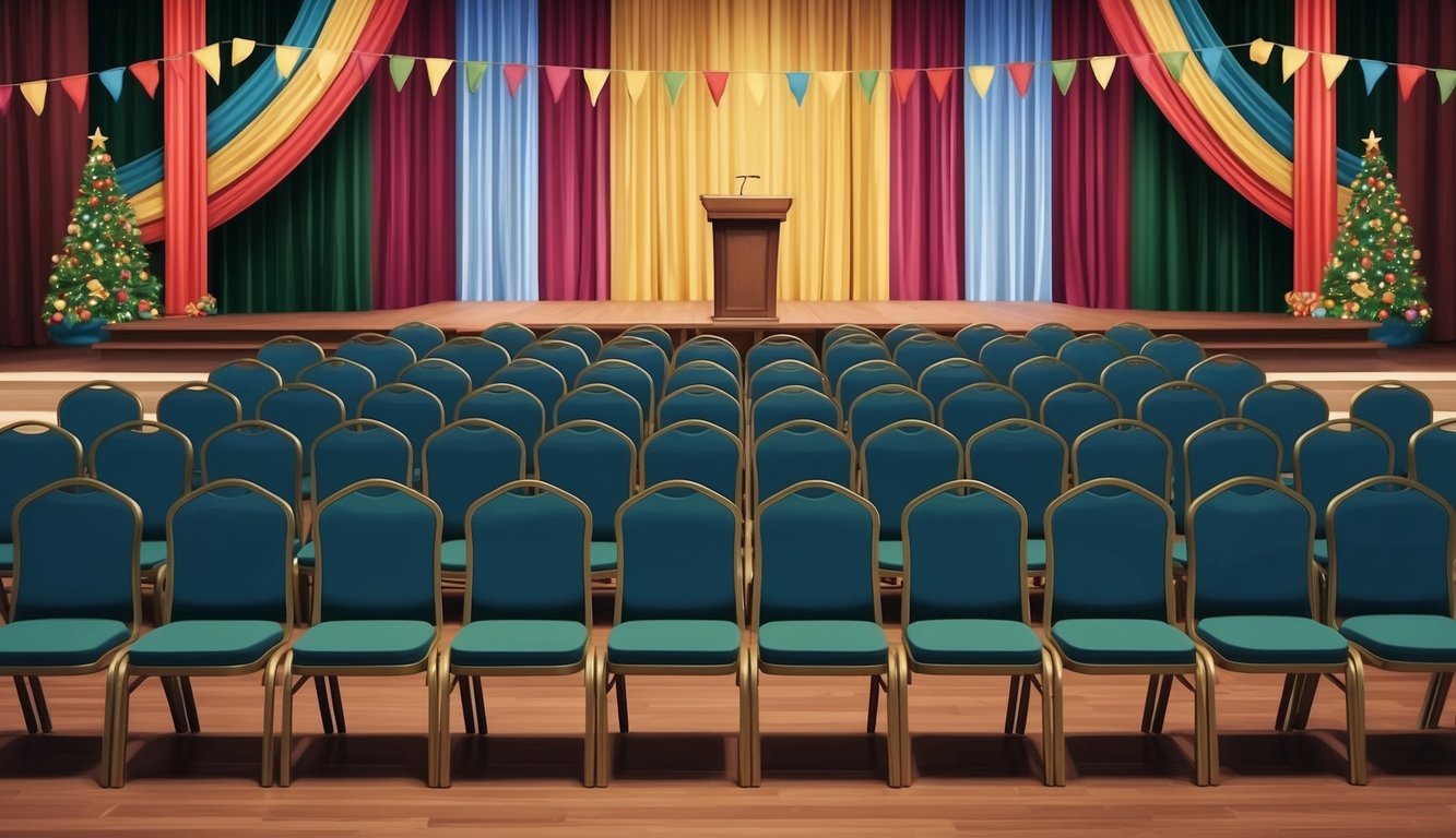 A row of empty chairs arranged in front of a stage with a podium, draped in colorful banners and surrounded by festive decorations