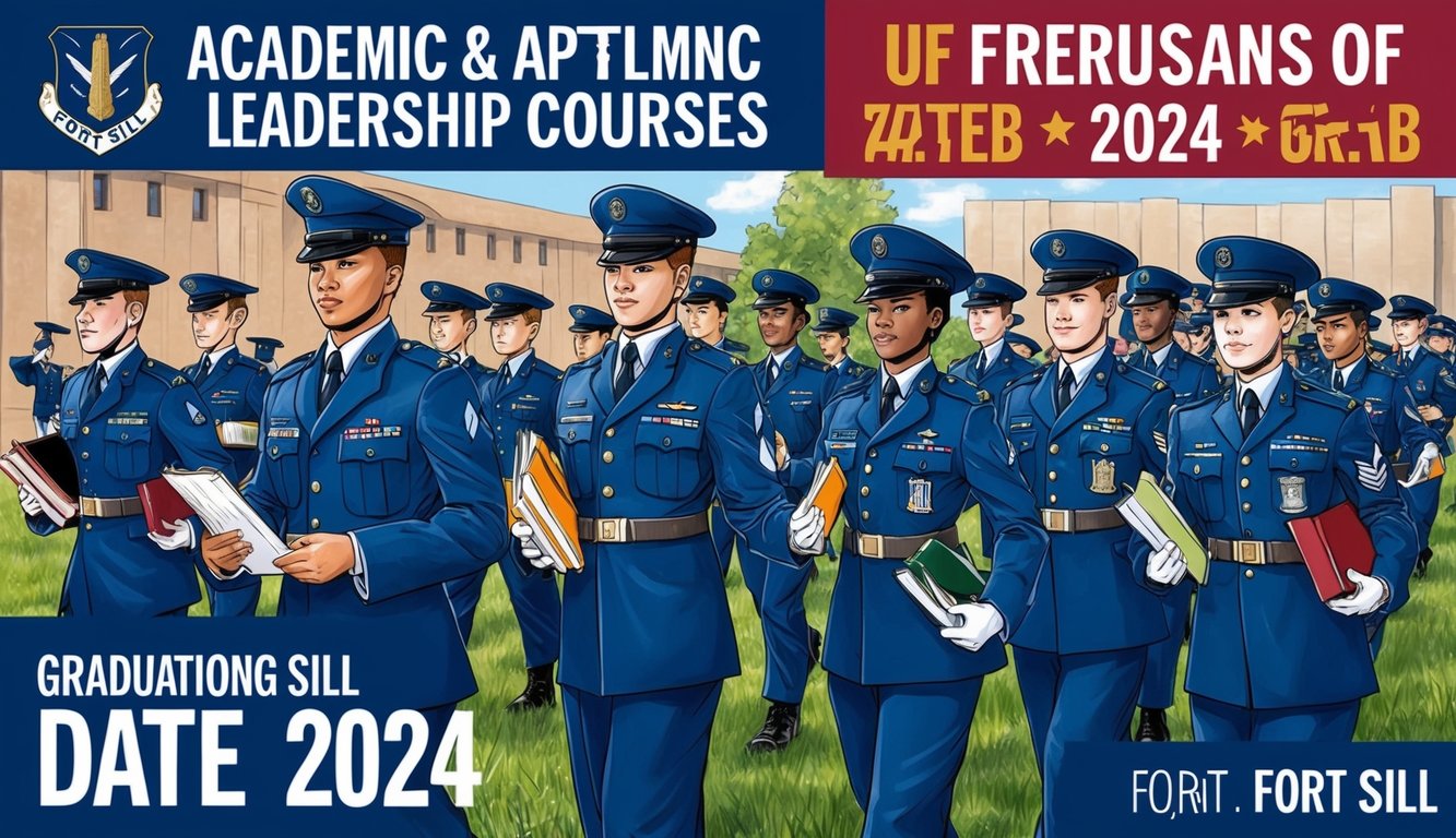 A group of cadets in uniform attending academic and leadership courses at Fort Sill, with the graduation dates for 2024 displayed prominently