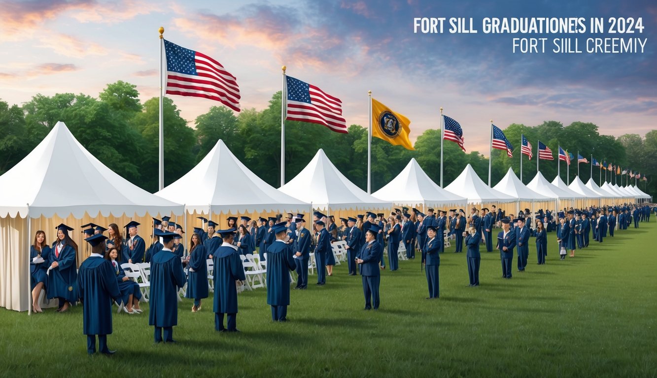 A row of white tents and flags line a grassy field, with families and graduates gathered for Fort Sill graduation ceremonies in 2024