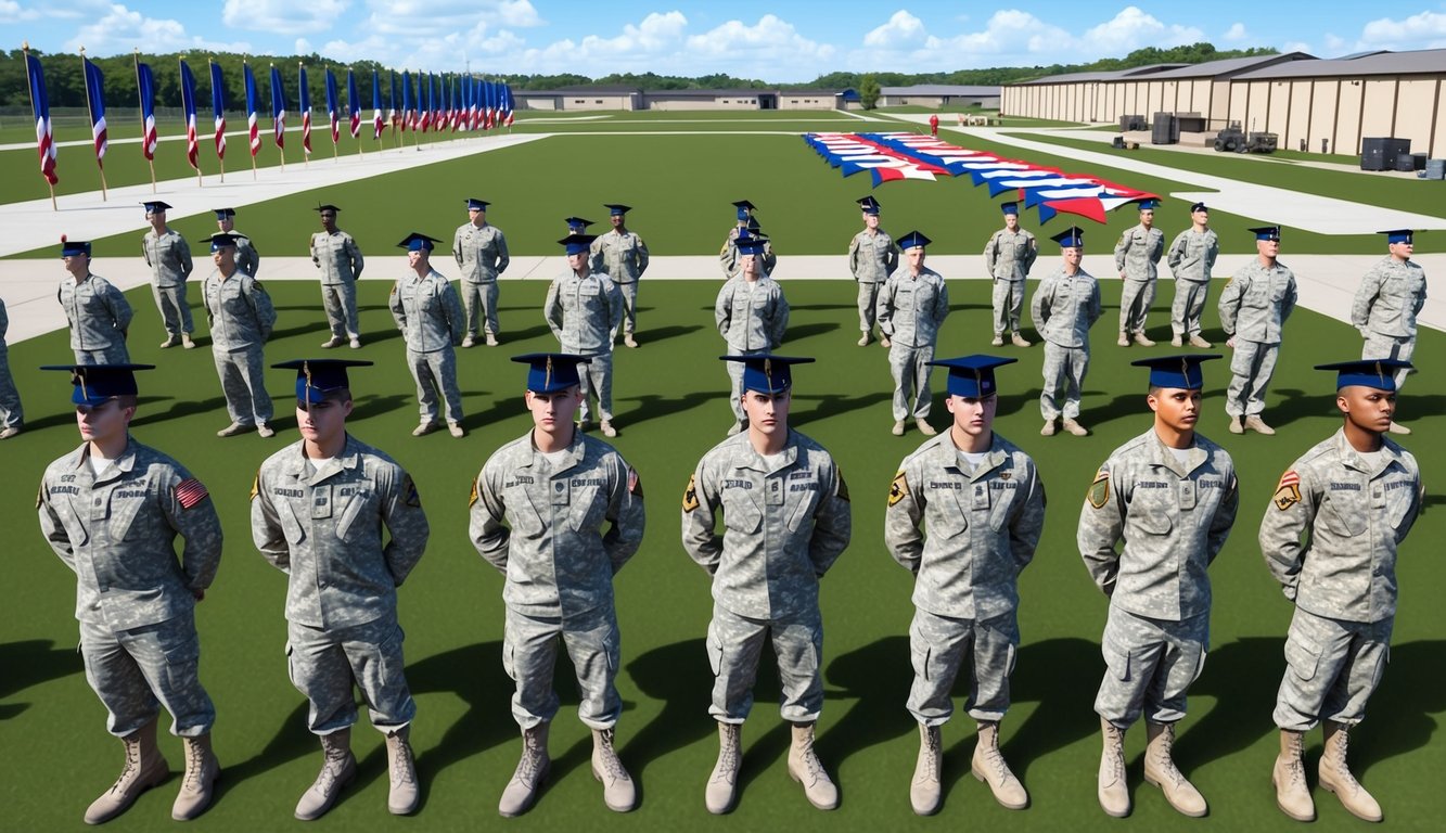 Soldiers in uniform stand in formation at Fort Sill, training grounds visible in the background. Graduation banners and flags line the area