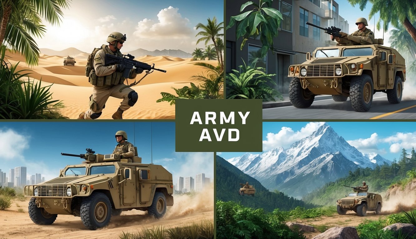 A soldier using Army AVD in various environments: desert, jungle, urban, and mountainous terrain