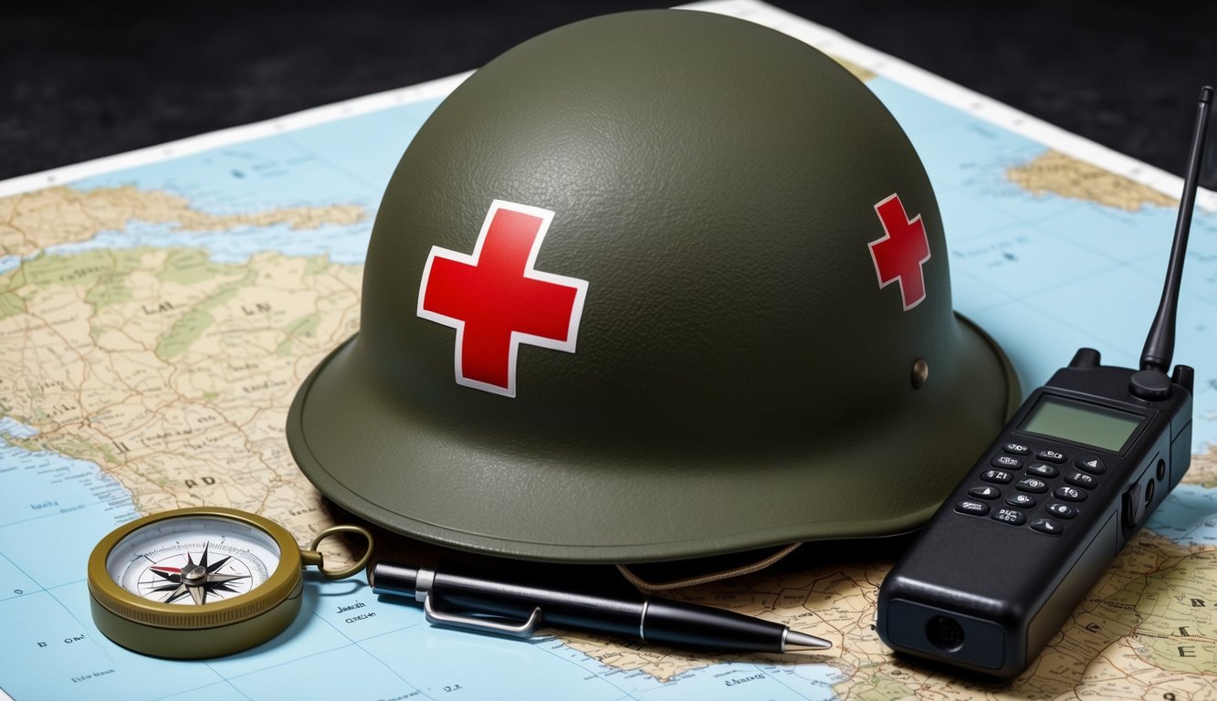 A military helmet with a red cross symbol on it, placed on a map with a compass and a radio nearby