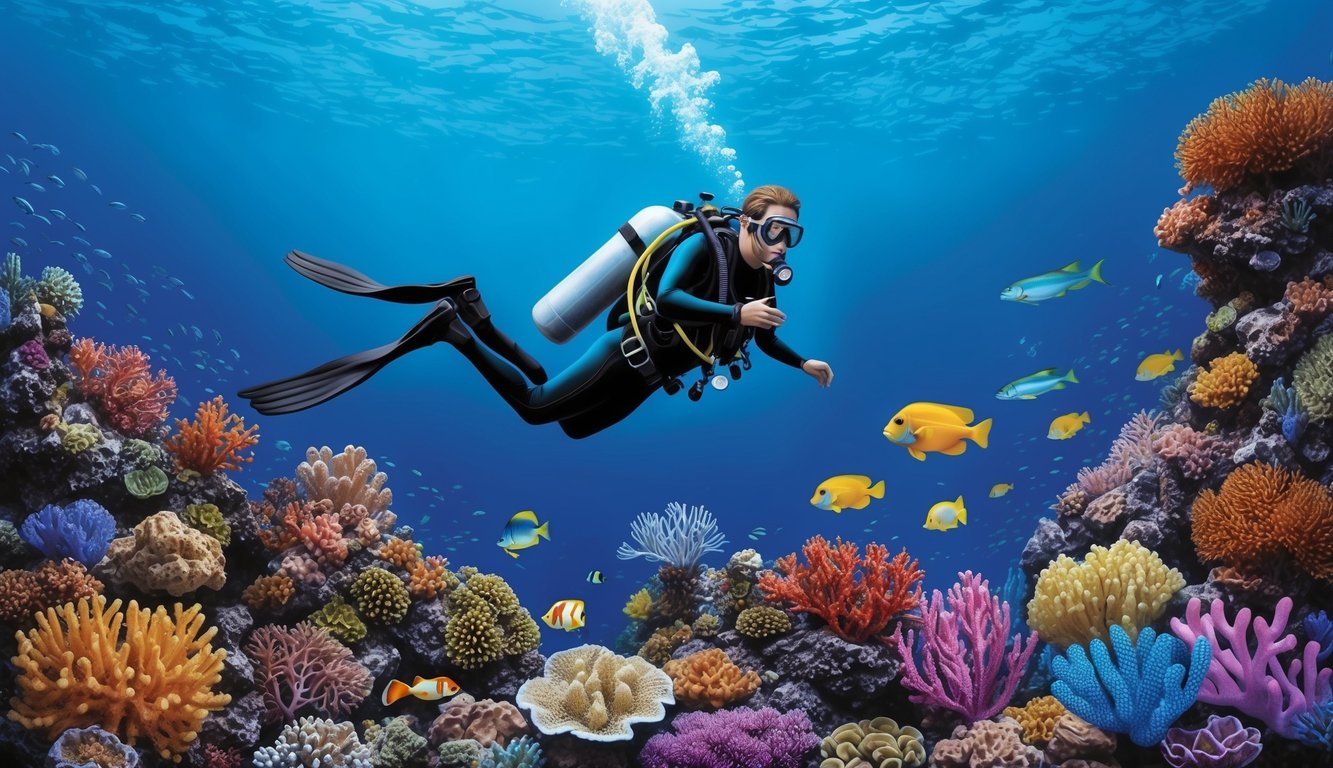 A scuba diver descending into the deep ocean, surrounded by colorful coral and marine life