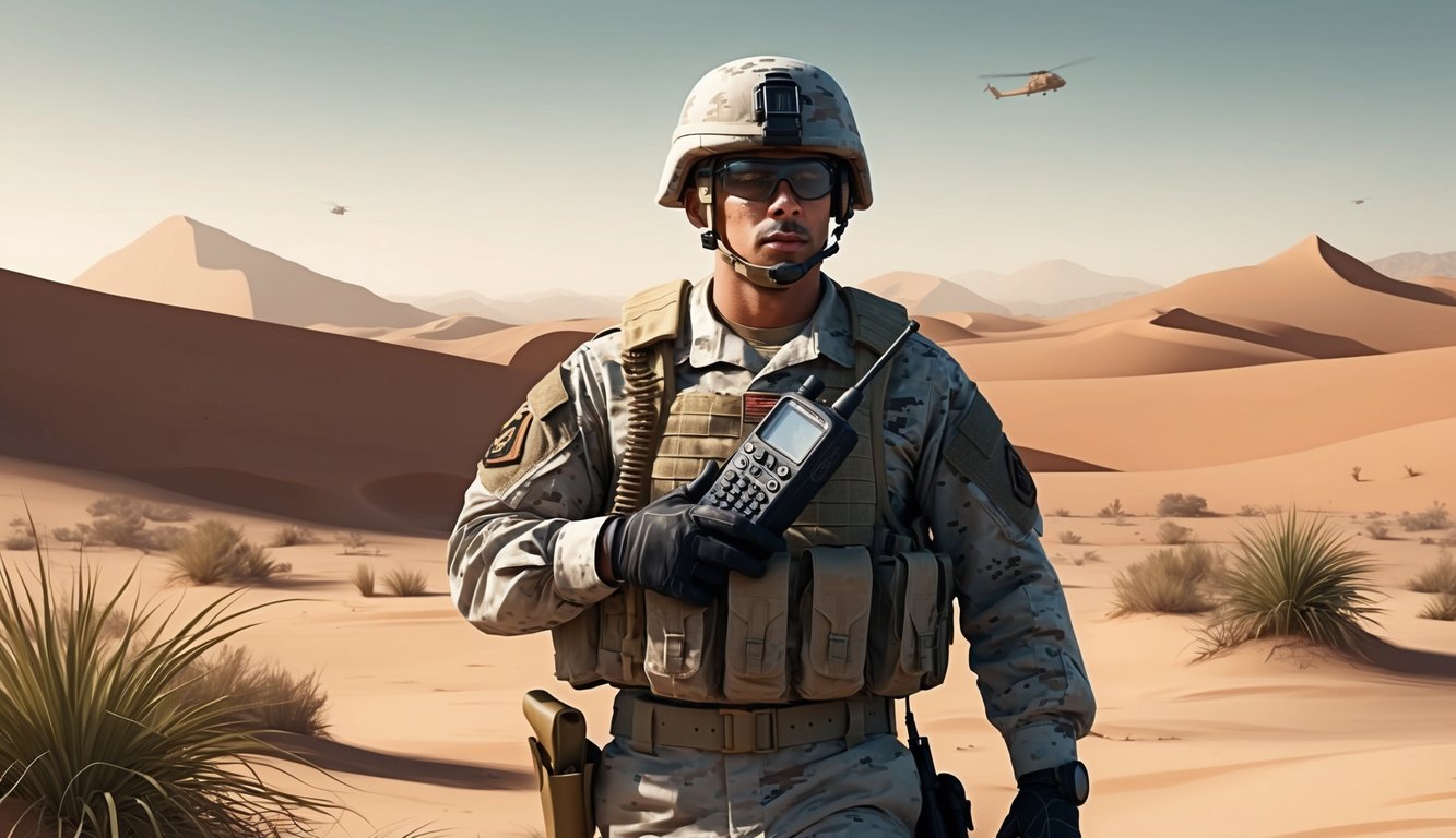 A soldier in uniform, radio in hand, stands ready for action in a desert landscape