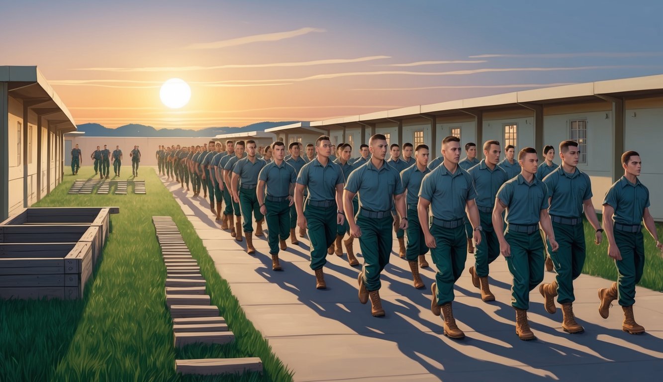 A group of recruits march in formation through a training camp, surrounded by barracks and obstacle courses.</p><p>The sun sets on the horizon, casting long shadows across the scene